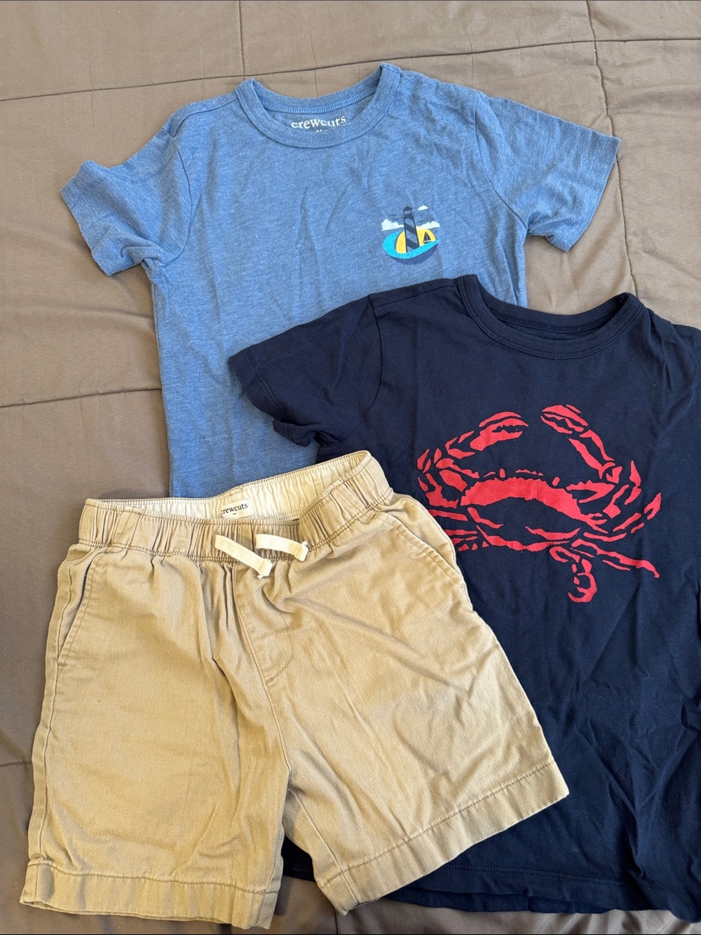 Crewcuts Blue Surf Graphic Tee, Navy Crab Tee & Tan Shorts Set